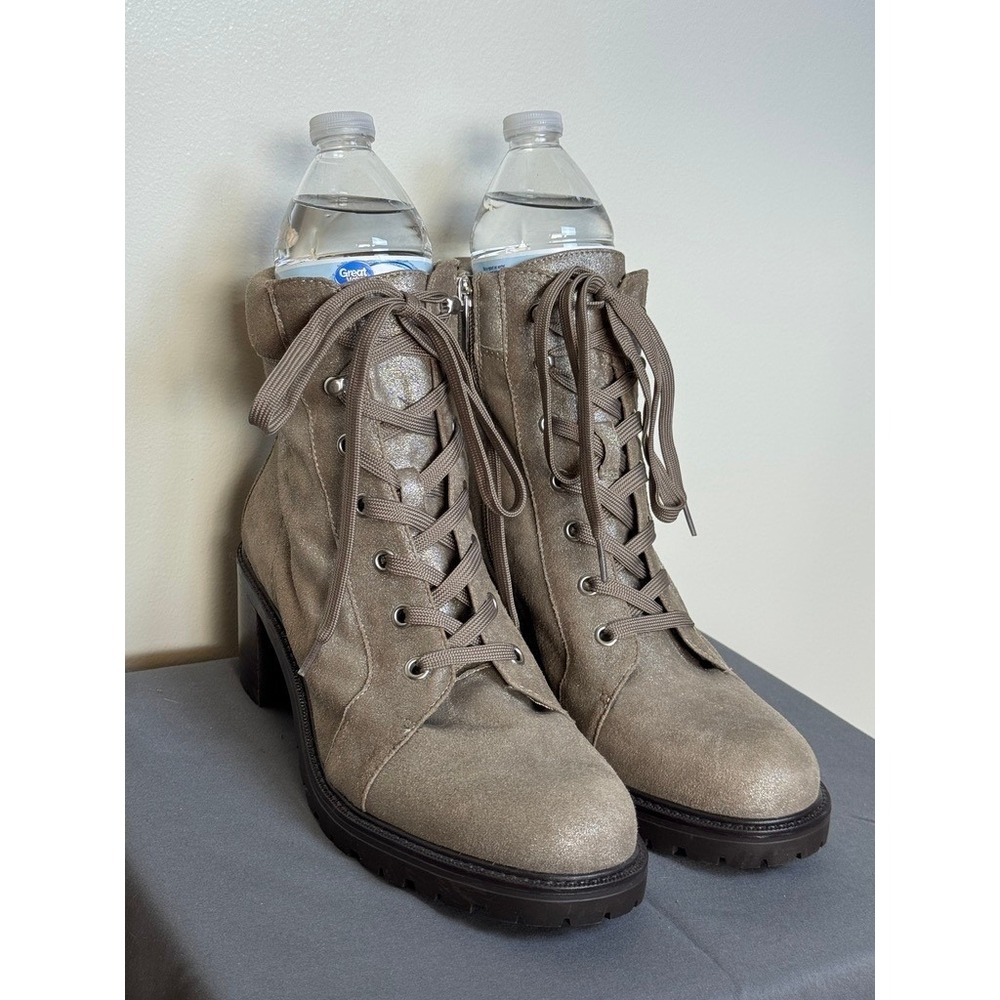 Vince Camuto Metallic Taupe Suede Lace Up Combat Boots Block Heel Womens 8.5M